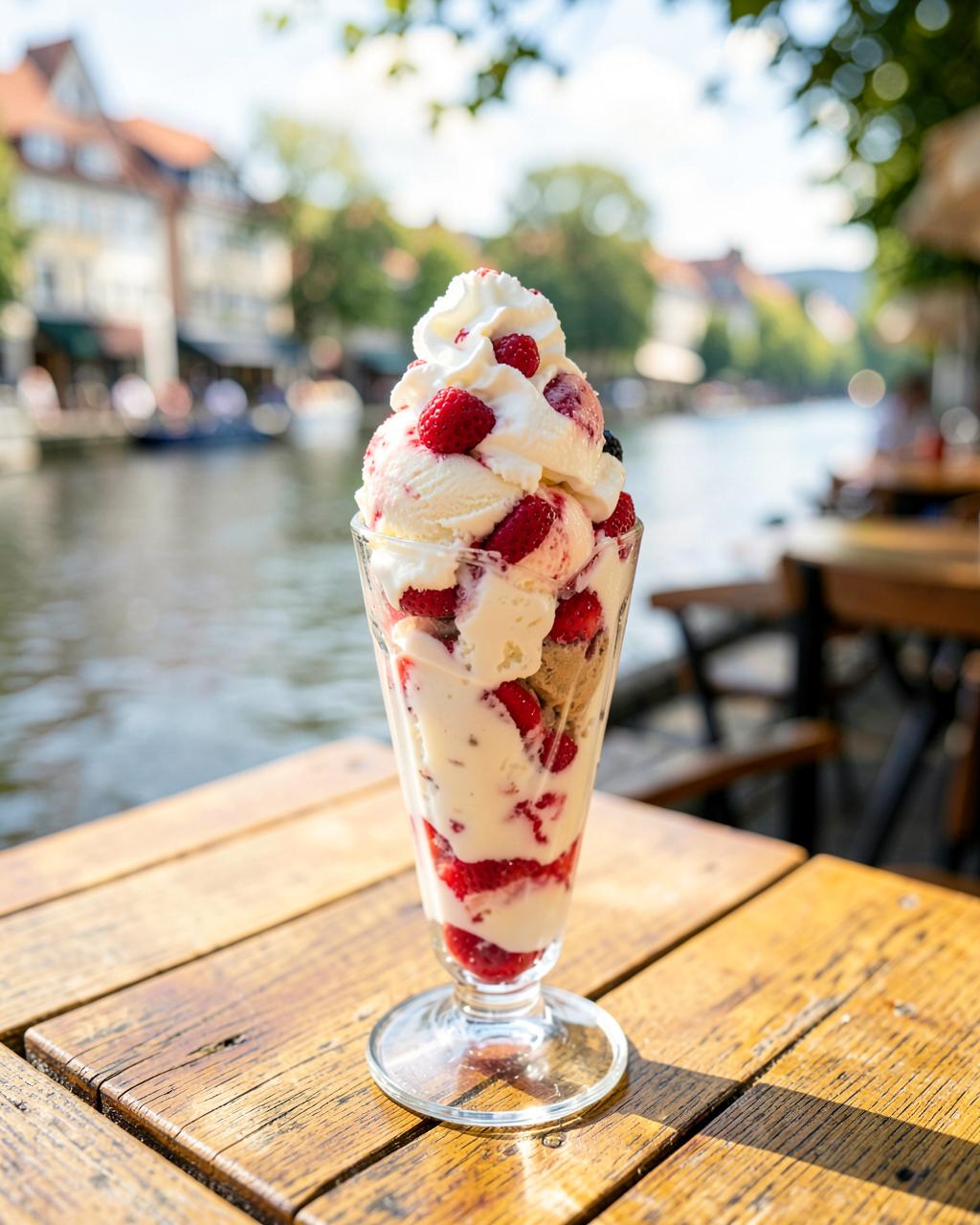 Eisbecher mit Sahne und frischen Beeren auf der Terrasse am Neckar