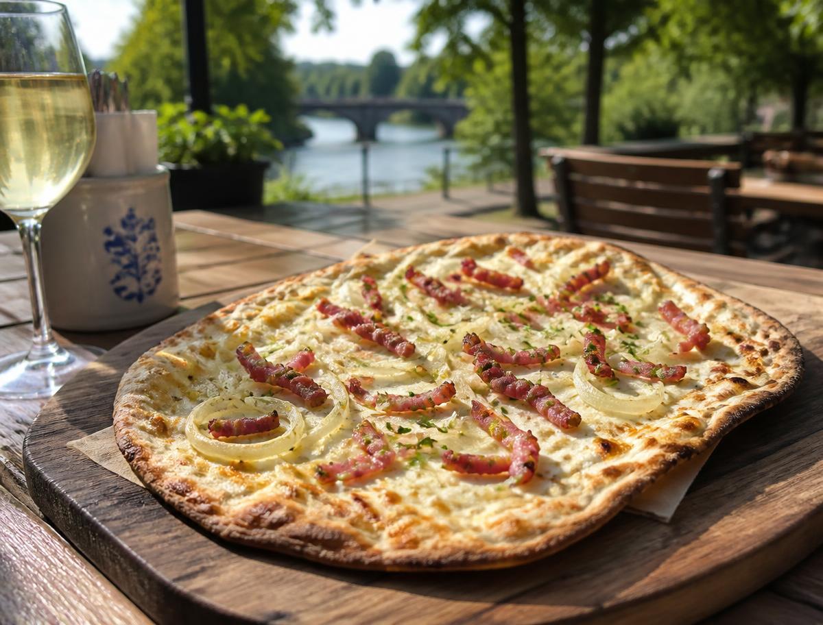 Knuspriger Flammkuchen mit Speck und Zwiebeln auf der Terrasse