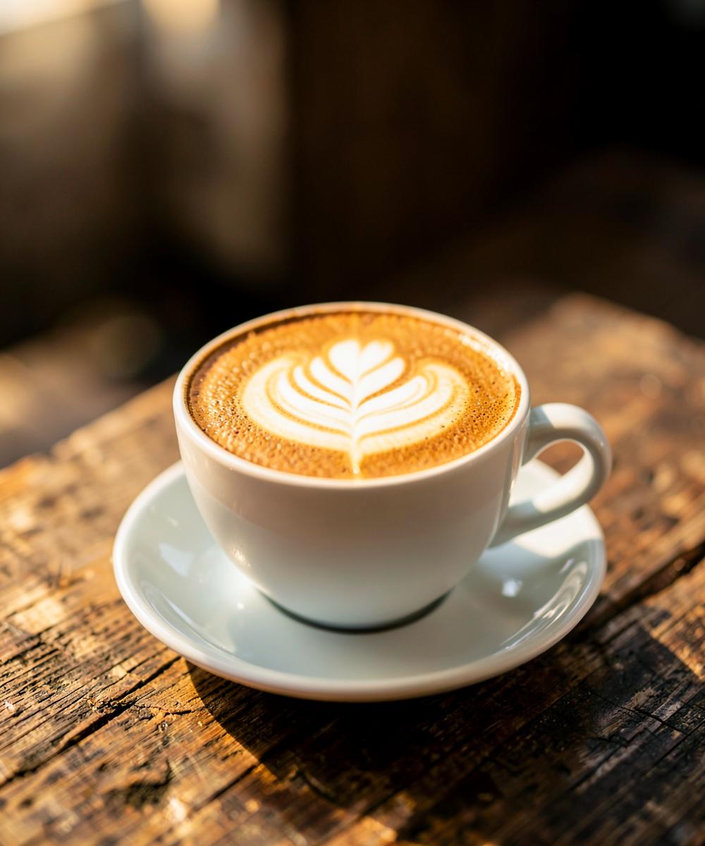 Cappuccino mit Latte Art auf einem Holztisch