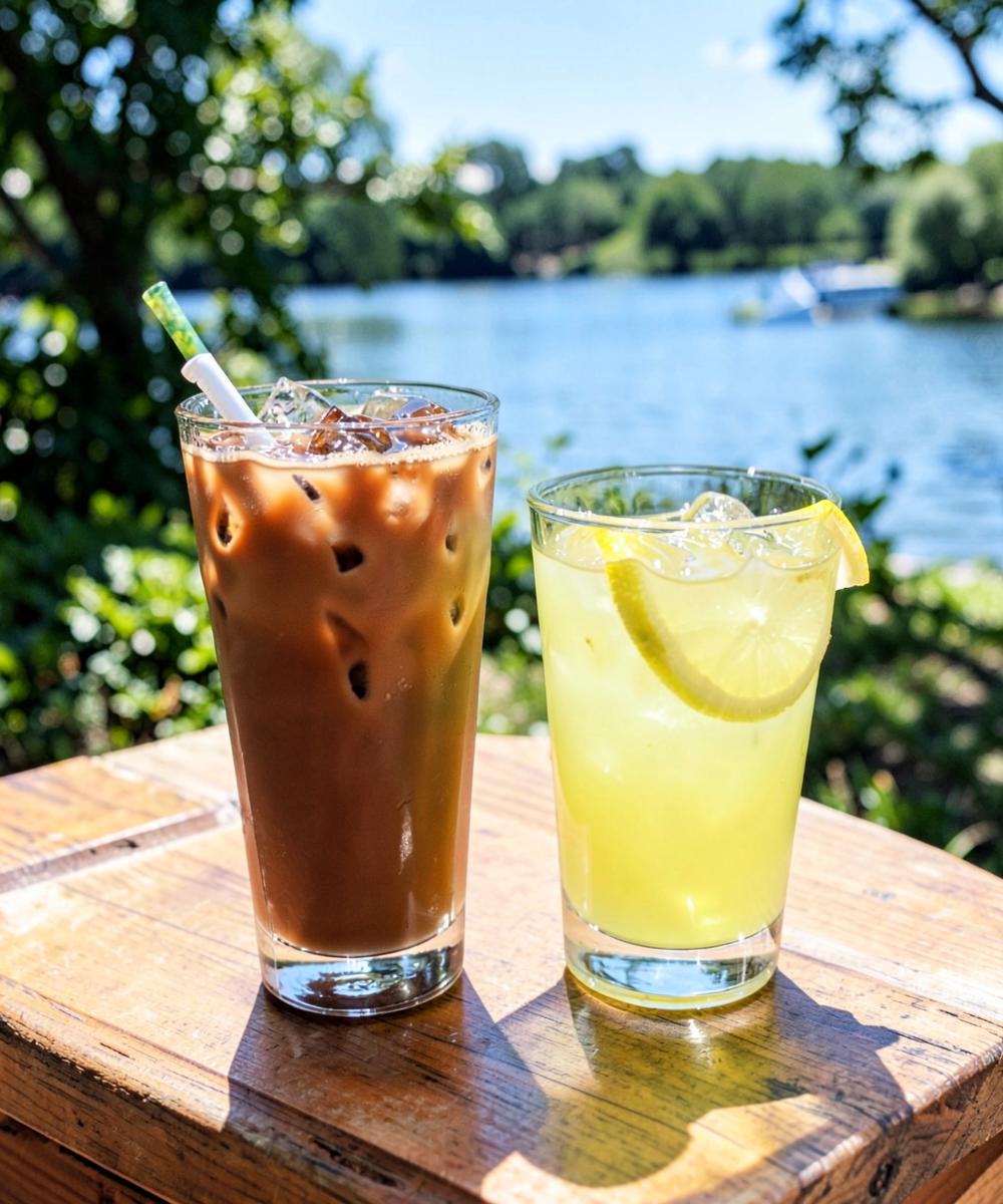 Eiskaffee und Limonade auf einem Tisch am Wasser