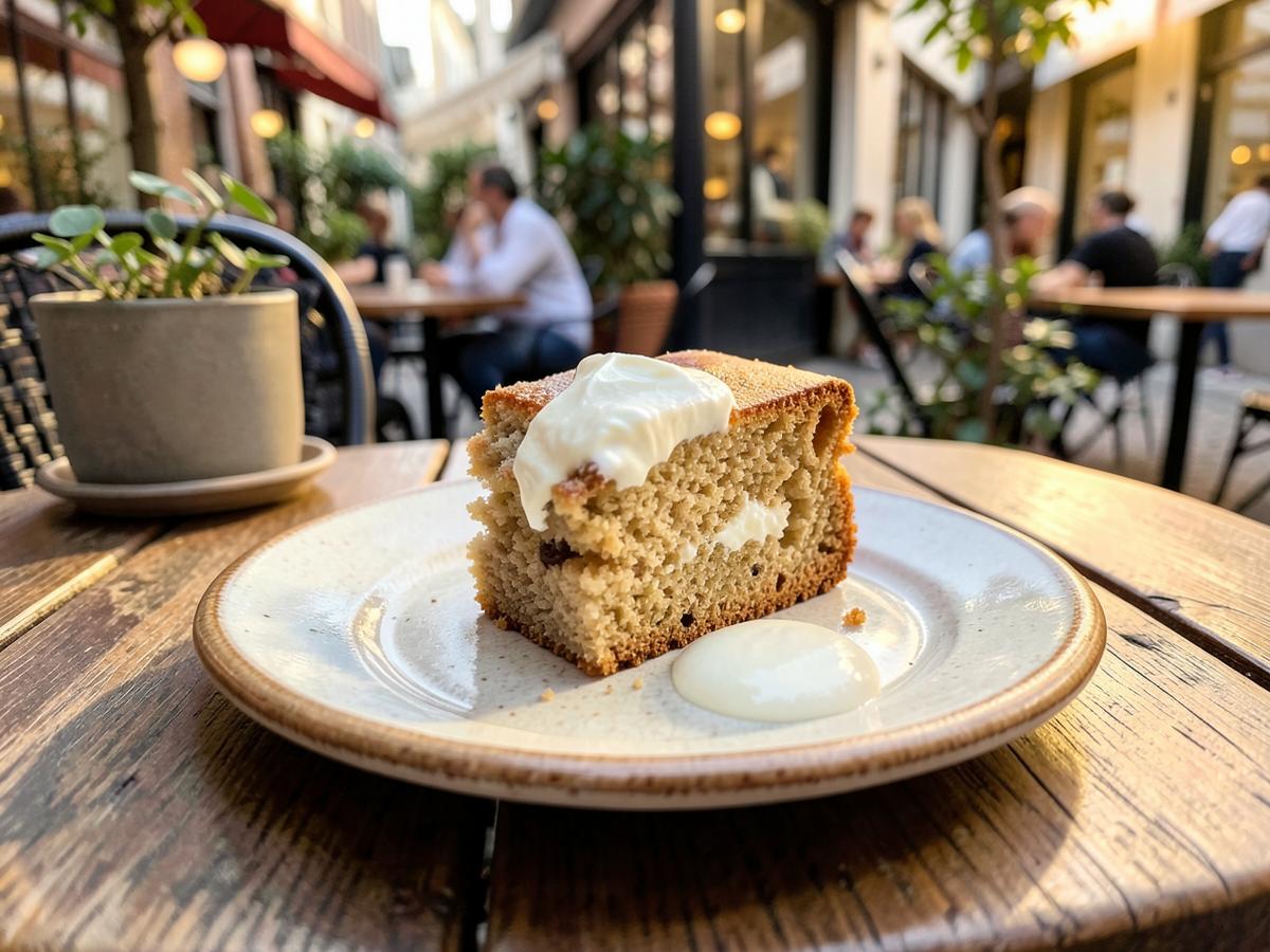 Stück hausgemachter Kuchen mit Sahne auf der Terrasse