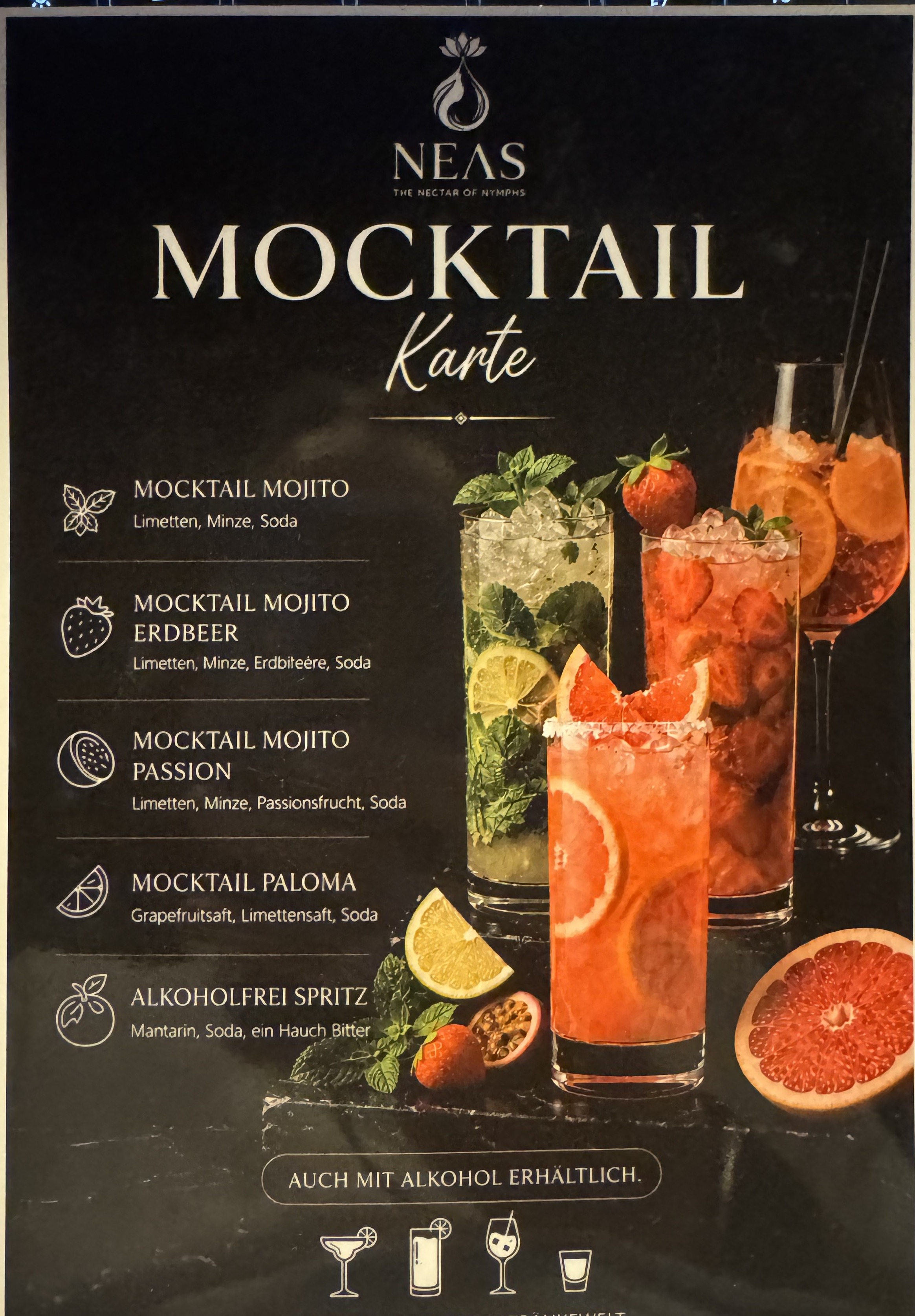 Die NEAS Mocktail-Karte im Café Uferlos