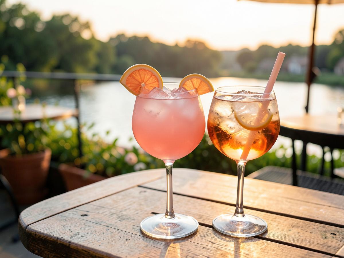 Paloma und Spritz im Abendlicht auf der Terrasse am Wasser